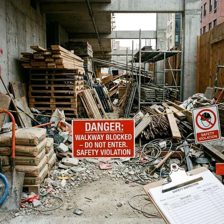 Demo inspection evidence showing a blocked construction walkway