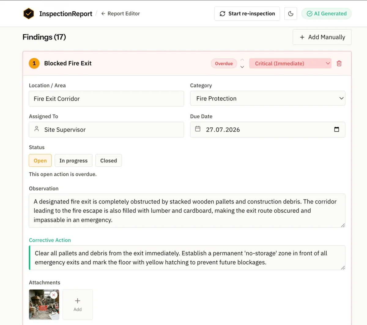 InspectionReport editor showing a reviewed blocked fire exit finding