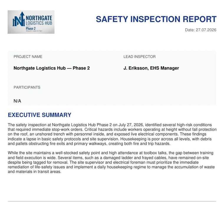 Finished Northgate demo safety inspection report