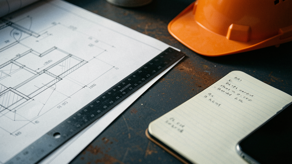 Inspection drawings, ruler, notebook and safety helmet on a worktable